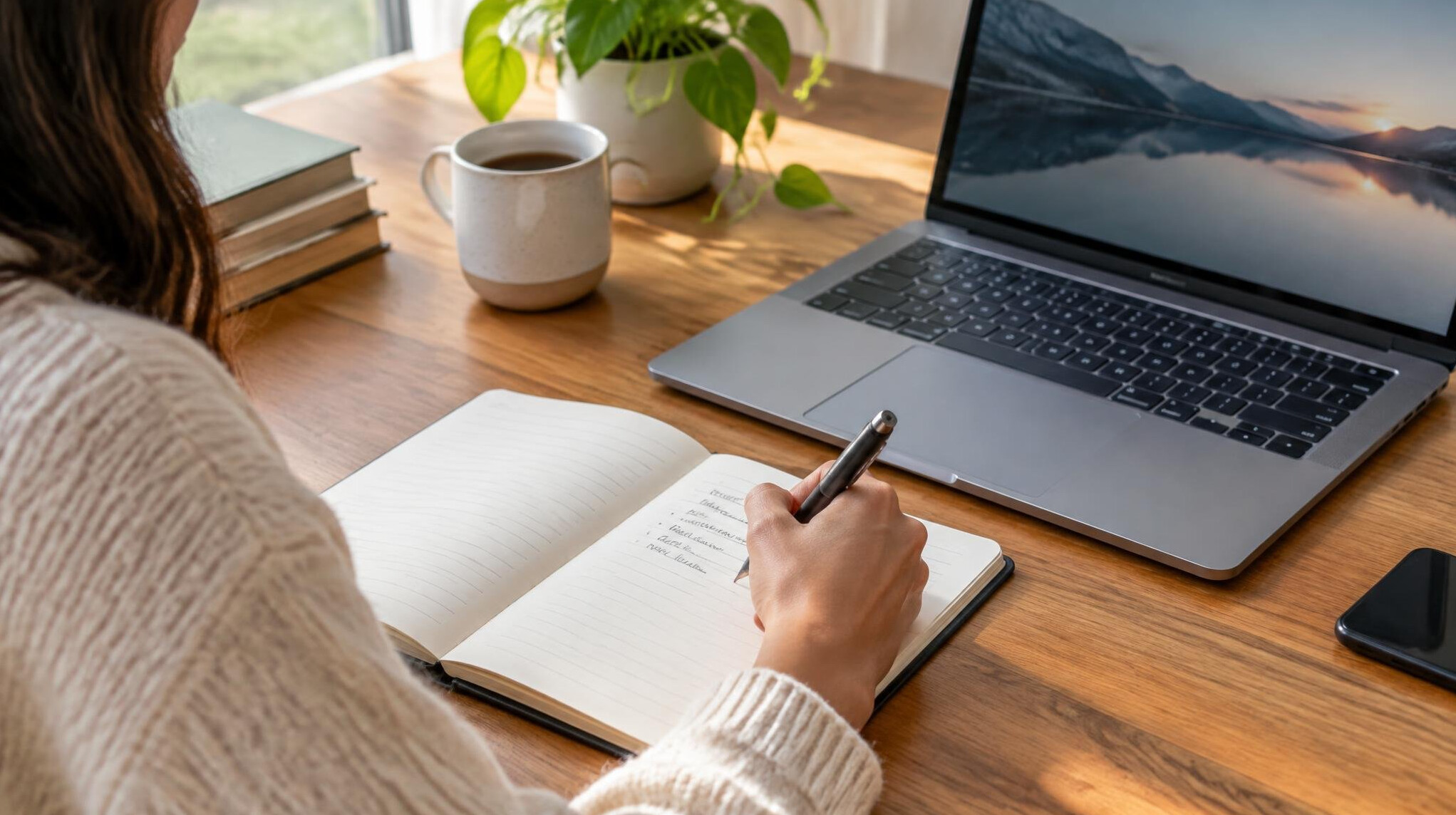 Person writing notes next to an open laptop