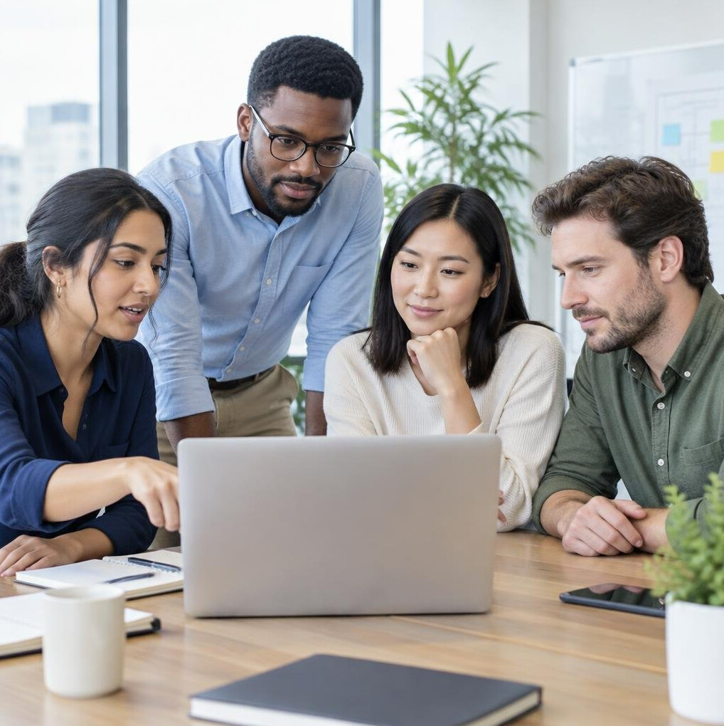 Team of colleagues gathered around a laptop in a meeting