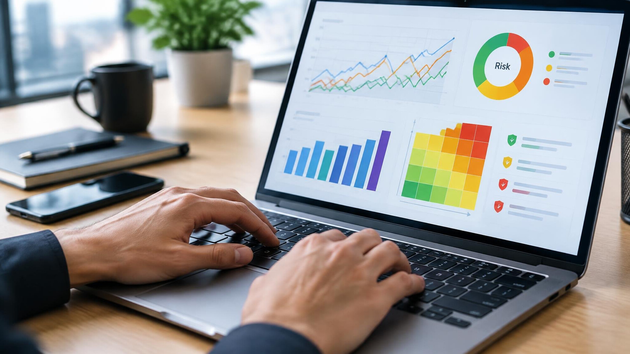 Hands typing on a laptop showing analytics charts