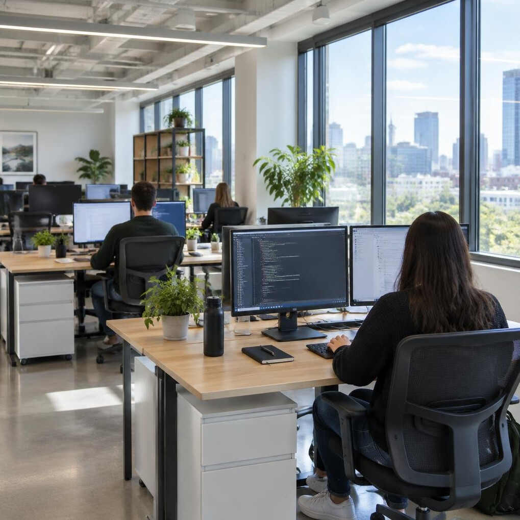 Modern open office workspace with multiple monitors