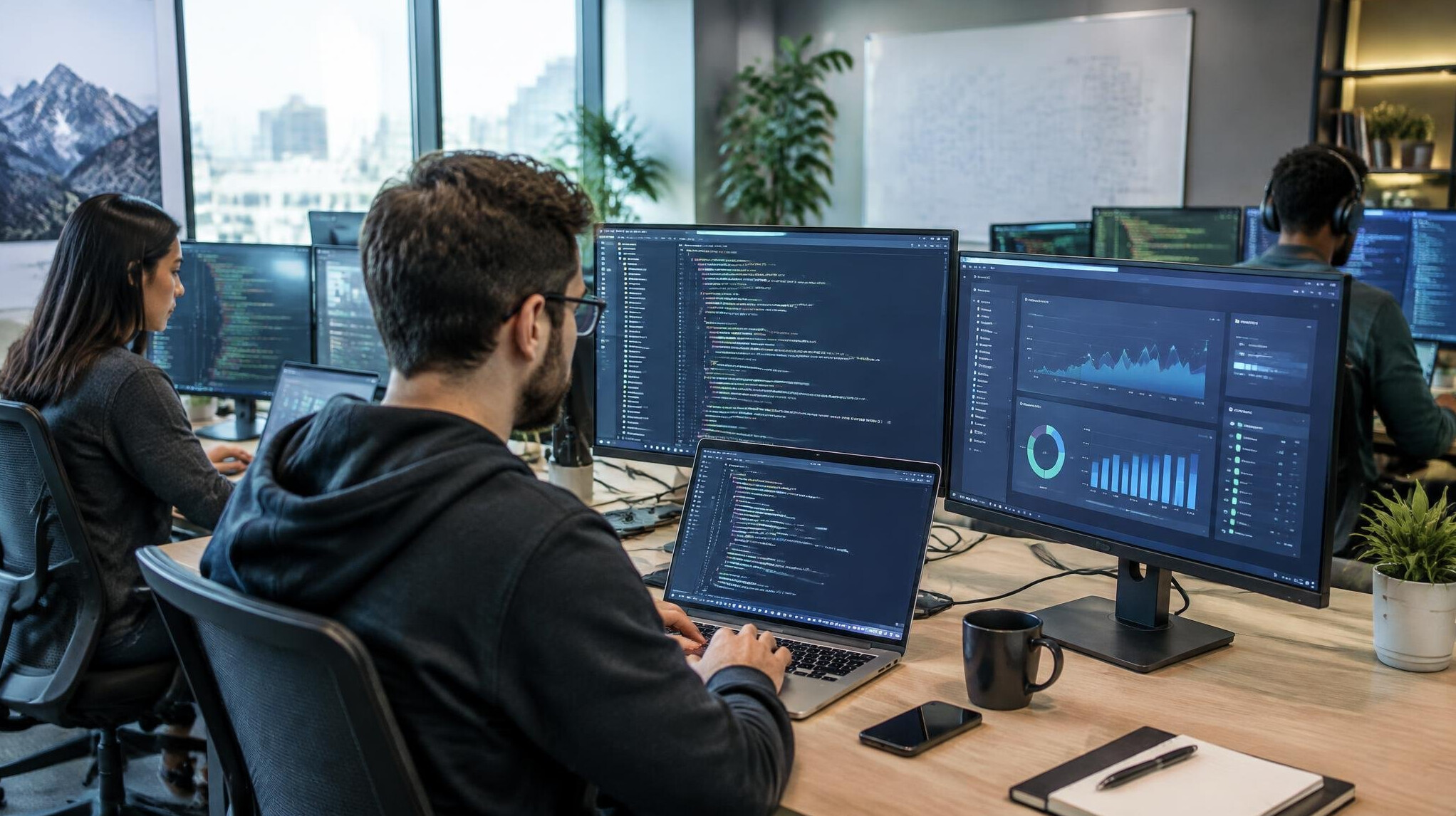 Software developers working at desks with multiple screens