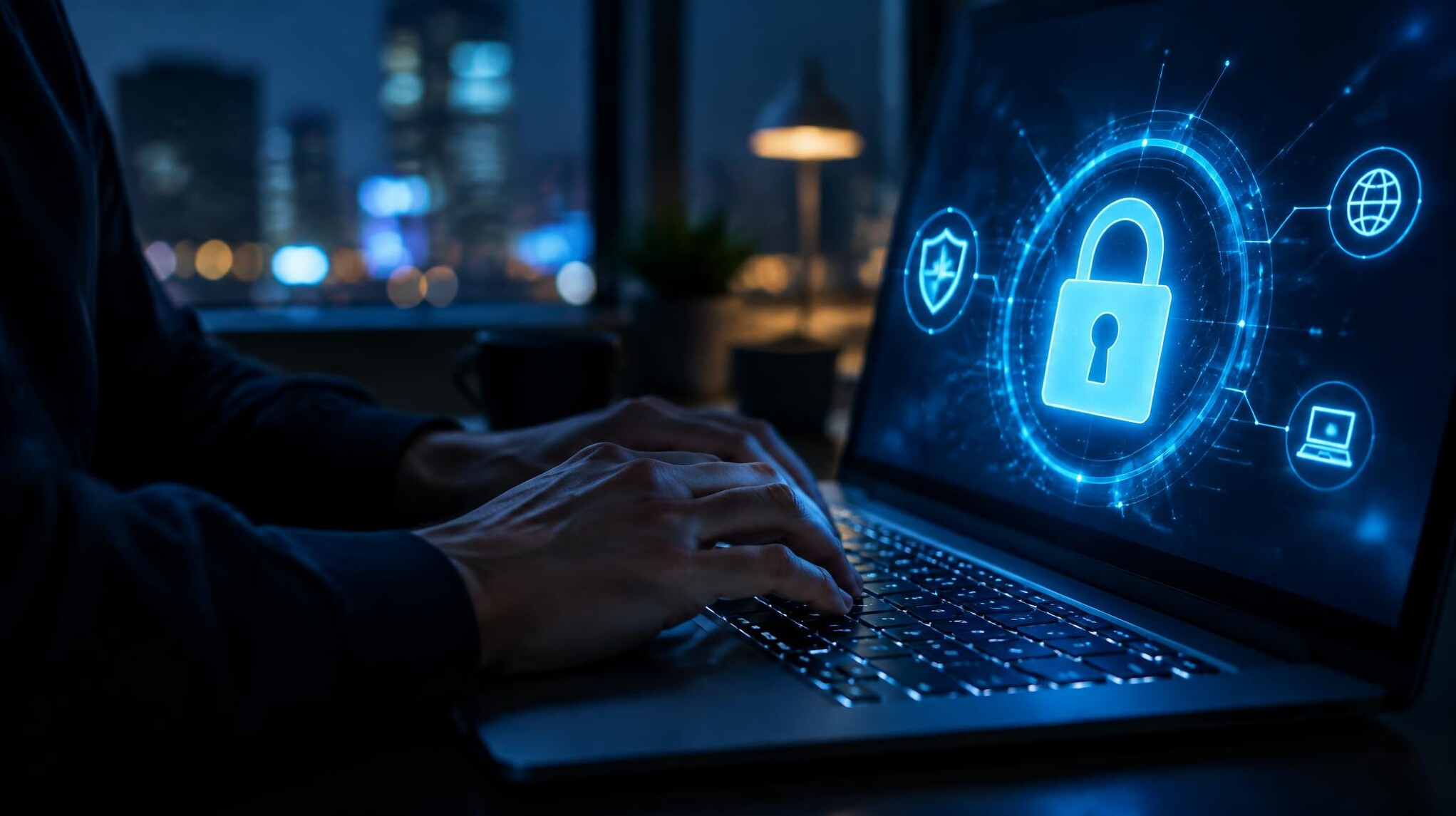 Person typing on keyboard with digital security lock icon overlay