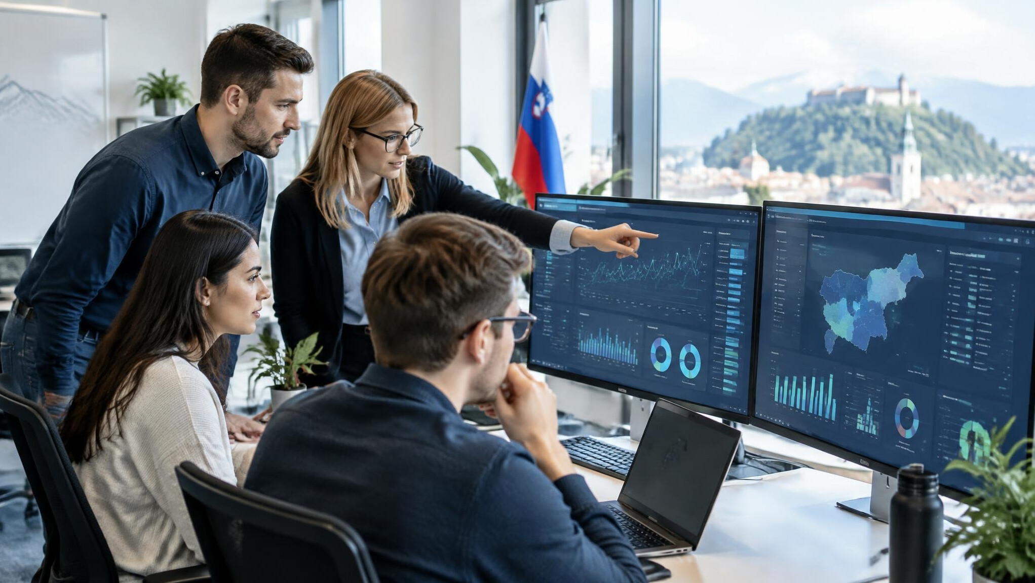 Team reviewing data dashboards on screens in a modern office